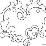 Black and white line art of a decorative heart with intricate patterns, designed for children to color with markers or crayons.