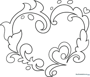 Black and white line art of a decorative heart with intricate patterns, designed for children to color with markers or crayons.