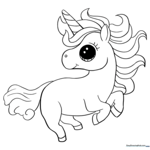 Printable chibi unicorn with large expressive eyes and flowing mane