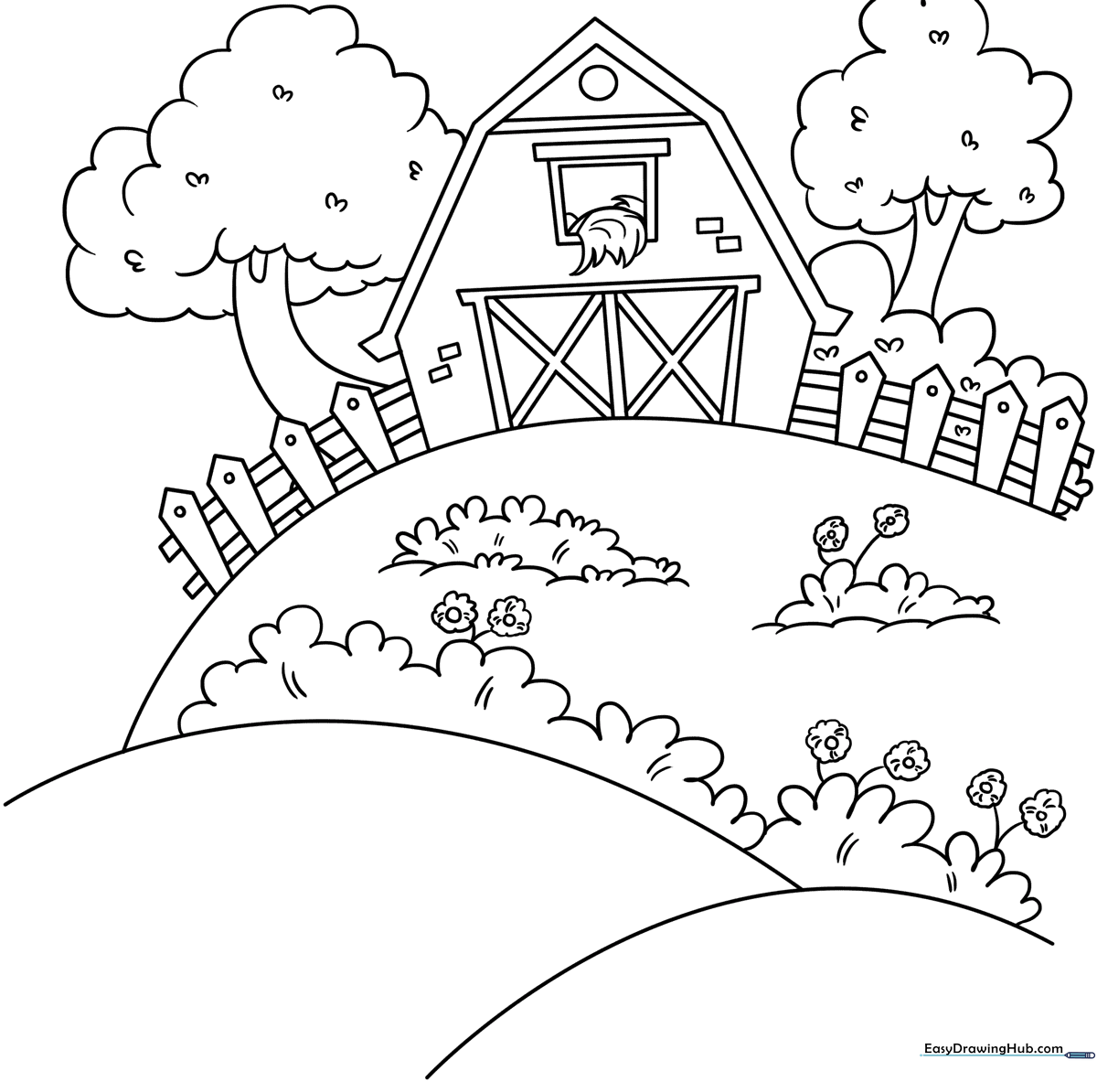Black and white line art of a friendly farm scene featuring a barn, rolling hills, and a fence, ready for children to color.
