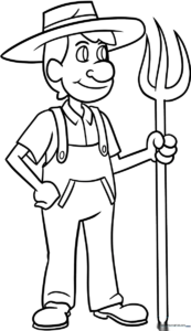 A friendly cartoon farmer wearing overalls and a hat, outlined in bold black lines for easy coloring by children.