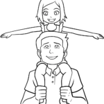Line art illustration of a father and daughter holding hands, designed for children to color with markers or crayons.