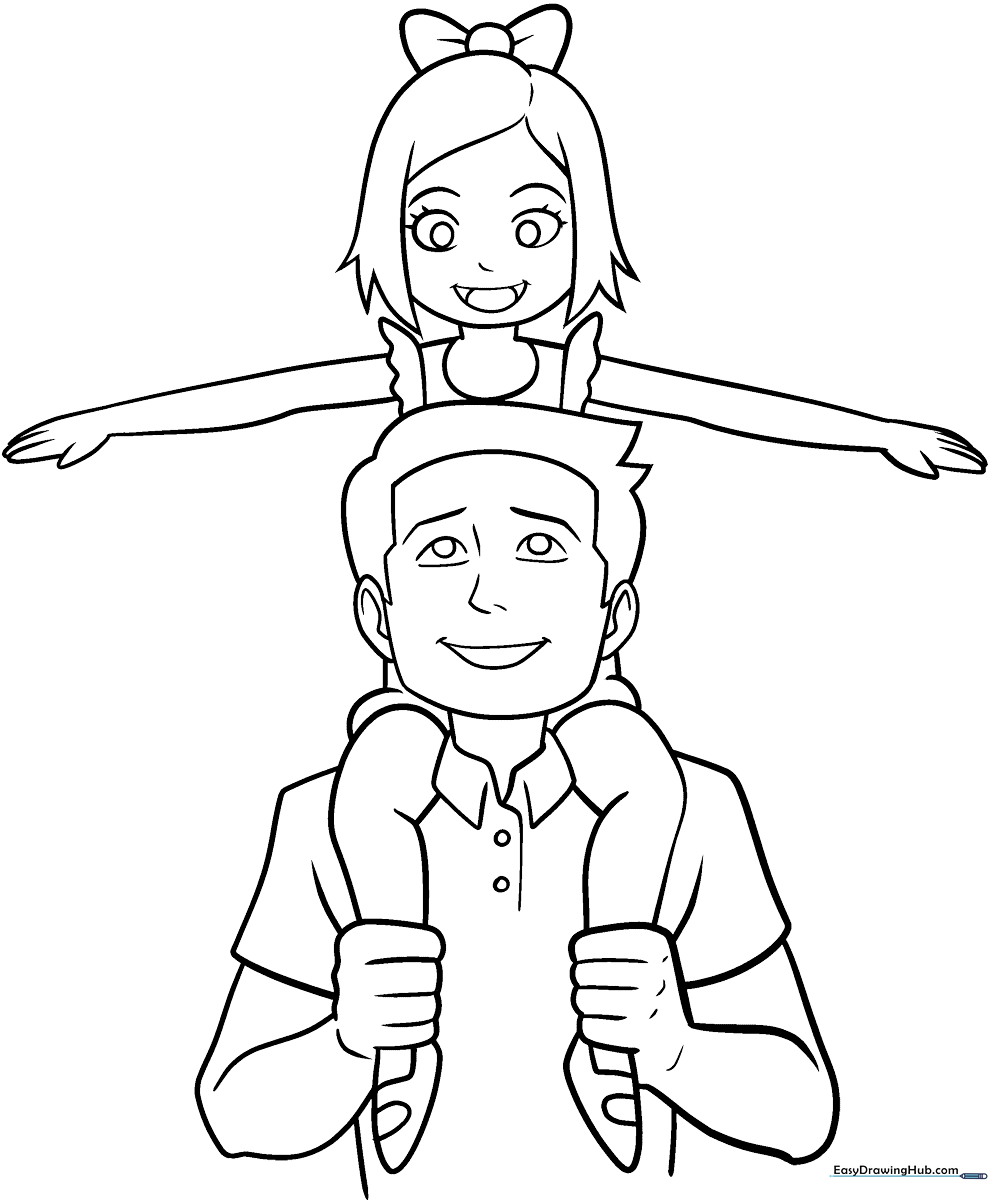 Line art illustration of a father and daughter holding hands, designed for children to color with markers or crayons.