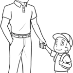 Line art illustration of a father and son standing together, featuring clear outlines for easy coloring by children.