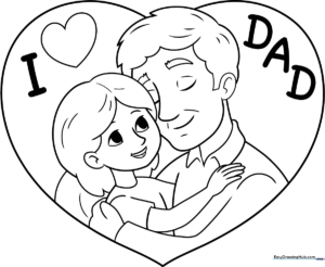 Line art illustration of a father and daughter standing inside a large heart shape, designed for children to color.