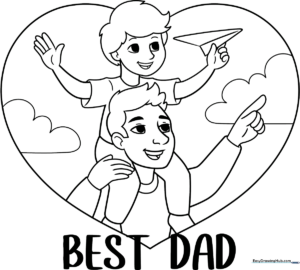 A clean, black-and-white line art illustration of a large heart containing a silhouette of a father and son, designed for children to color.