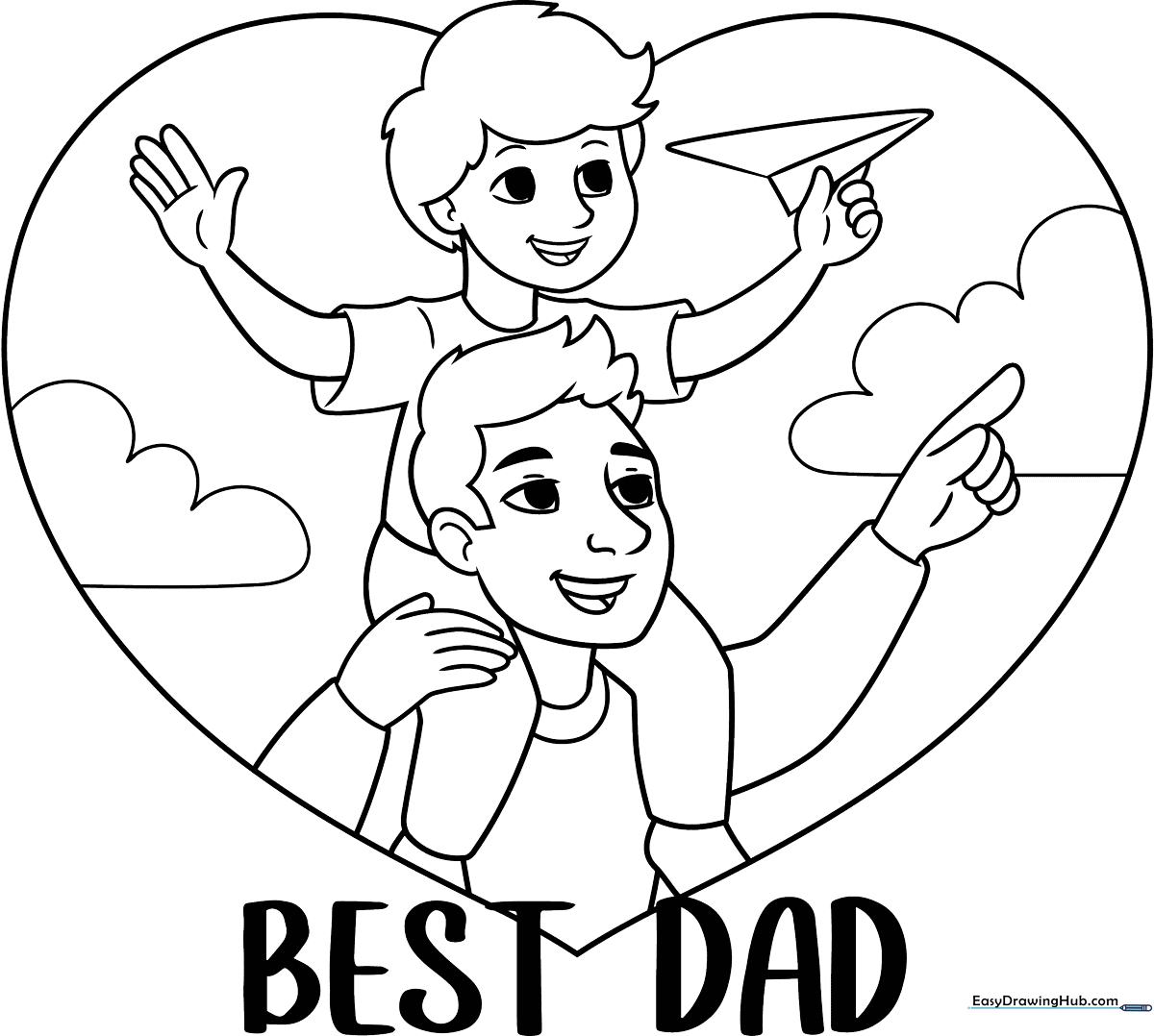 A clean, black-and-white line art illustration of a large heart containing a silhouette of a father and son, designed for children to color.