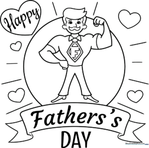 Black and white line art of a Father's Day greeting card featuring bold lettering and festive decorations, ready for children to color with markers or crayons.