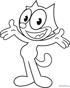 Black and white line art of Felix the Cat standing with a wide grin, featuring clean, bold outlines suitable for young children to color.
