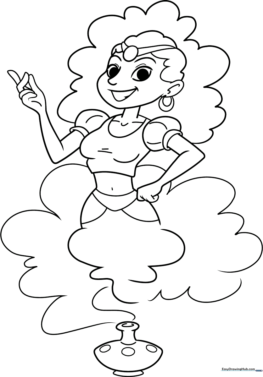 Black and white line art of a female genie with flowing hair and traditional fantasy attire, ready for children to color.