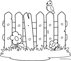 Black and white line art of a simple wooden picket fence with clear, bold outlines for easy coloring by children.