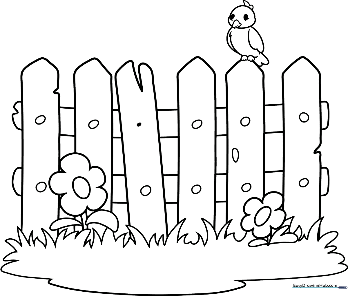 Black and white line art of a simple wooden picket fence with clear, bold outlines for easy coloring by children.