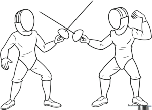 A fencer in a protective mask and uniform holding a foil, outlined for children to color with markers or crayons.