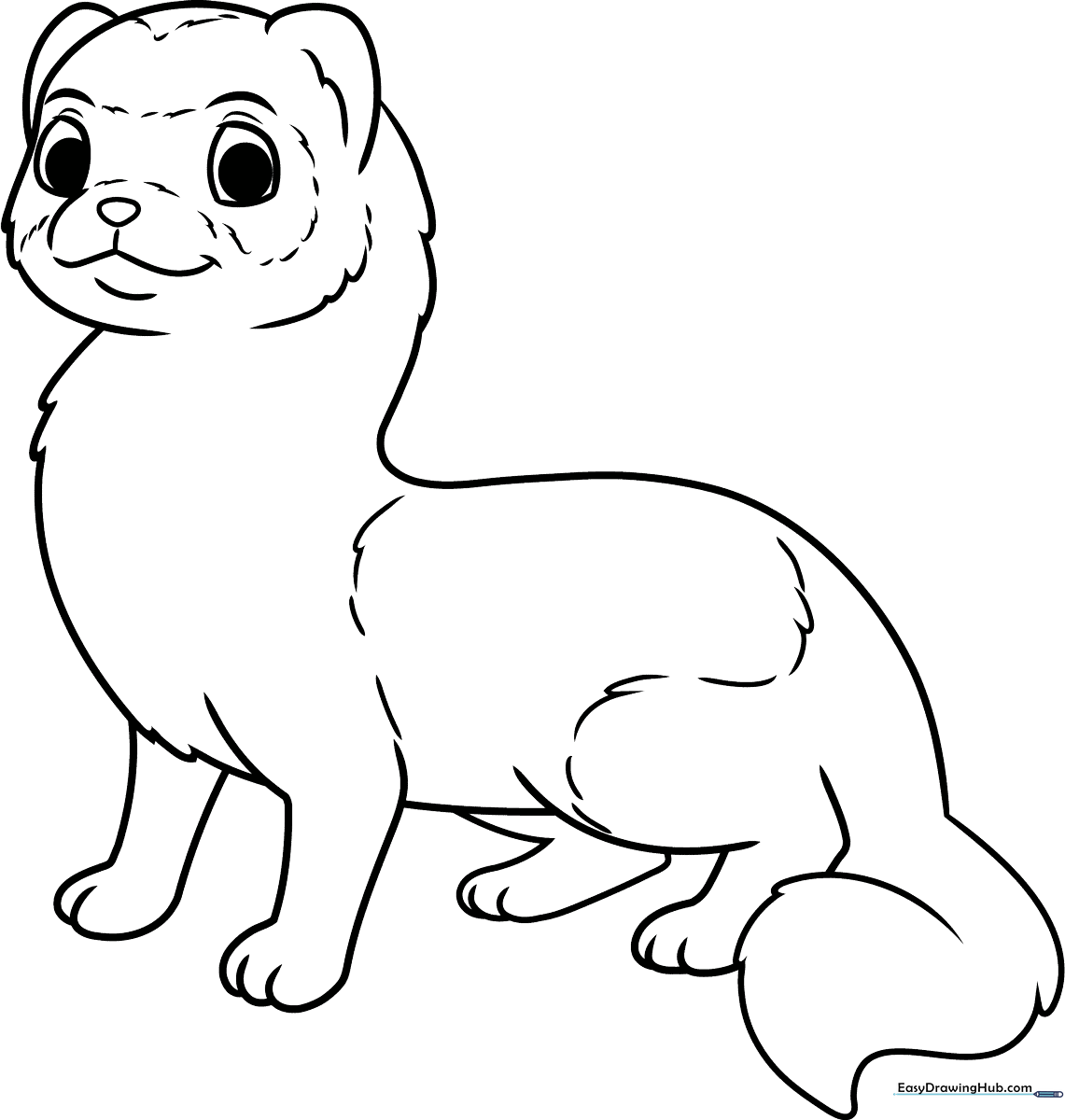 Black and white line art of a friendly ferret with a long, slender body and curious expression, designed for children to color.
