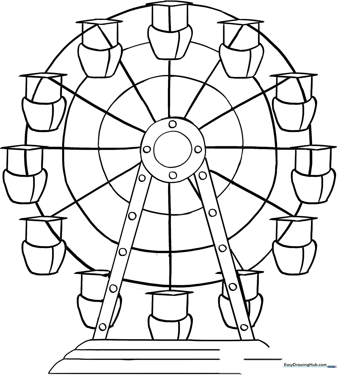 Black and white line art of a carnival Ferris wheel with multiple passenger gondolas, ready for children to color.