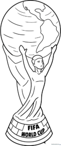 Black and white line art of the FIFA World Cup Trophy featuring the globe supported by two human figures, ready for coloring.