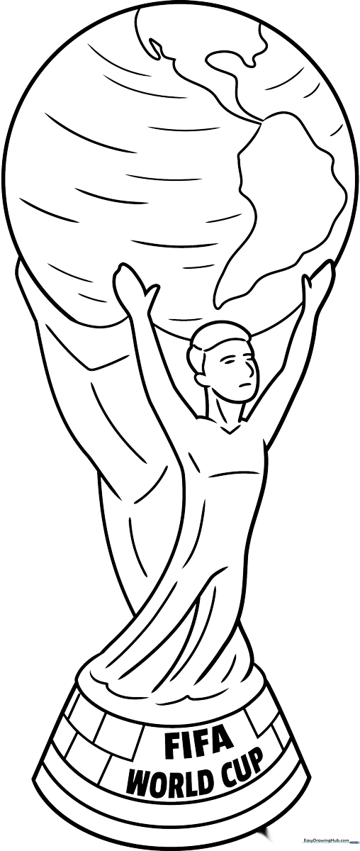Black and white line art of the FIFA World Cup Trophy featuring the globe supported by two human figures, ready for coloring.