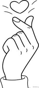 Black and white line art of a hand forming a finger heart gesture, designed for children to color with crayons or markers.