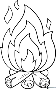 A clean, bold line art illustration of a cartoon fire flame with distinct, easy-to-color sections for children.
