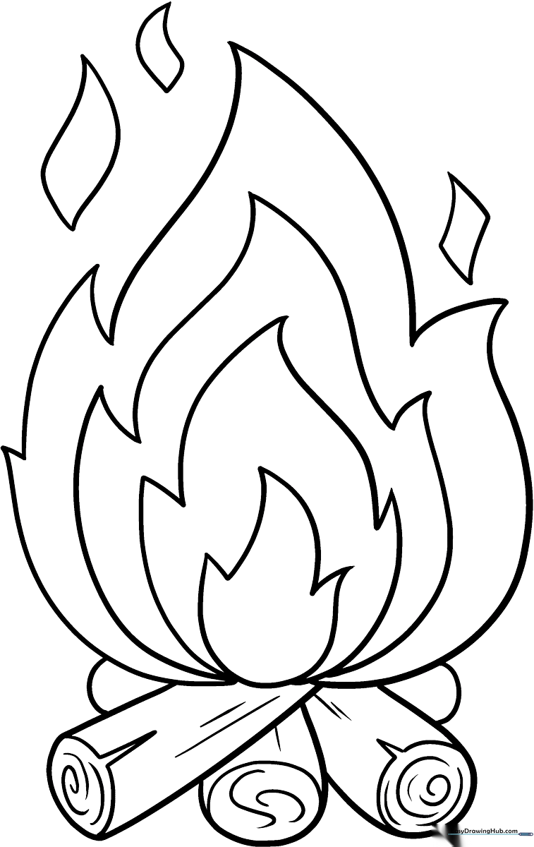 A clean, bold line art illustration of a cartoon fire flame with distinct, easy-to-color sections for children.
