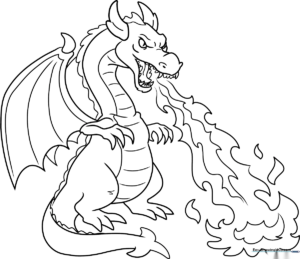 Black and white line art of a cartoon dragon with wide wings and a stream of fire emerging from its mouth, ready for coloring.
