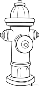 A clean, black-and-white line art illustration of a classic fire hydrant with a nozzle and bolt details, designed for children to color.