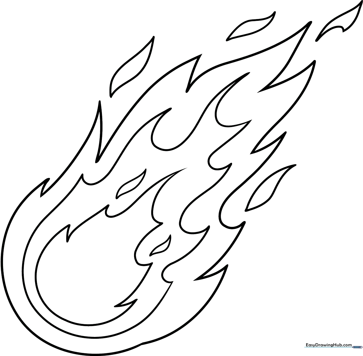 A bold, cartoon-style fireball illustration with swirling flames and a central core, ready for children to color with warm shades.