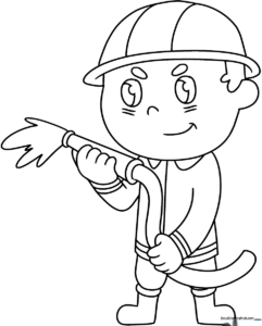 Black and white line art of a friendly firefighter wearing a helmet and protective gear, designed for children to color.