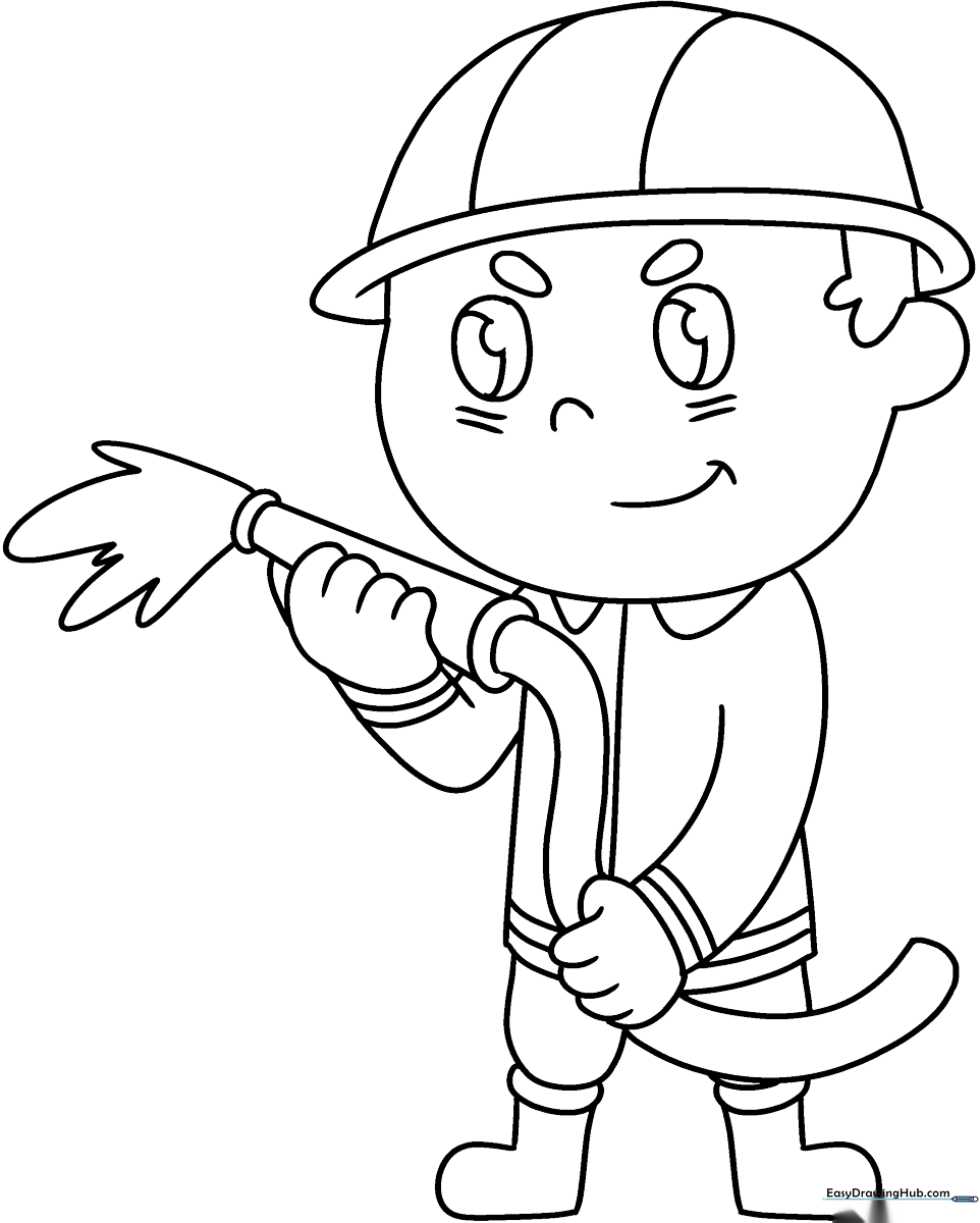 Black and white line art of a friendly firefighter wearing a helmet and protective gear, designed for children to color.