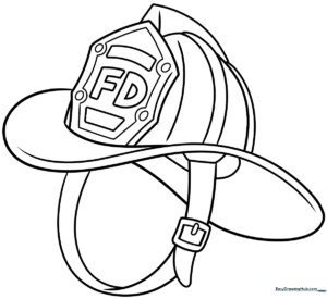 Black and white line art of a classic firefighter helmet with a front shield, ready for children to color with crayons or markers.