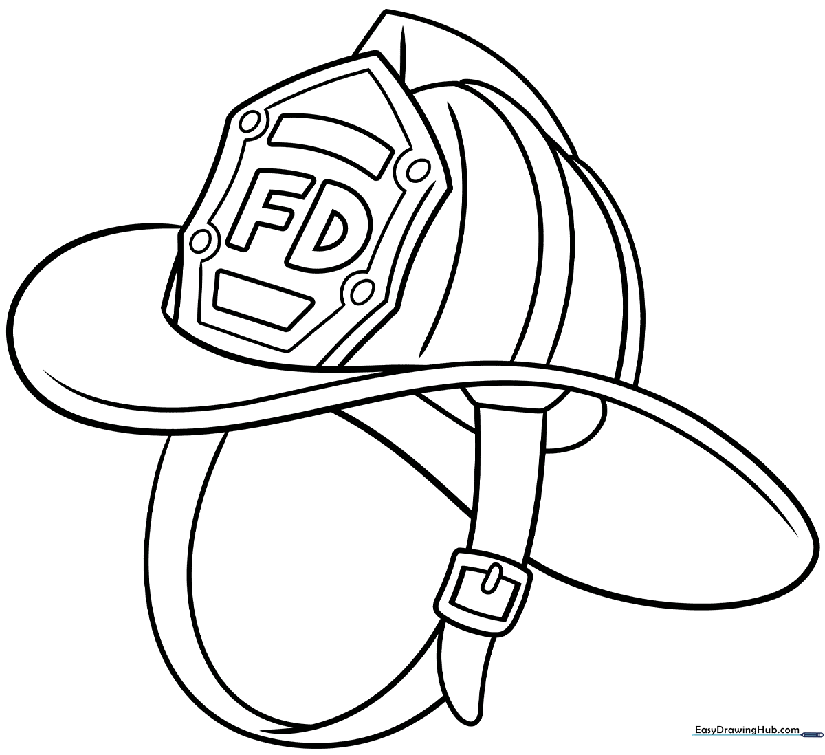 Black and white line art of a classic firefighter helmet with a front shield, ready for children to color with crayons or markers.