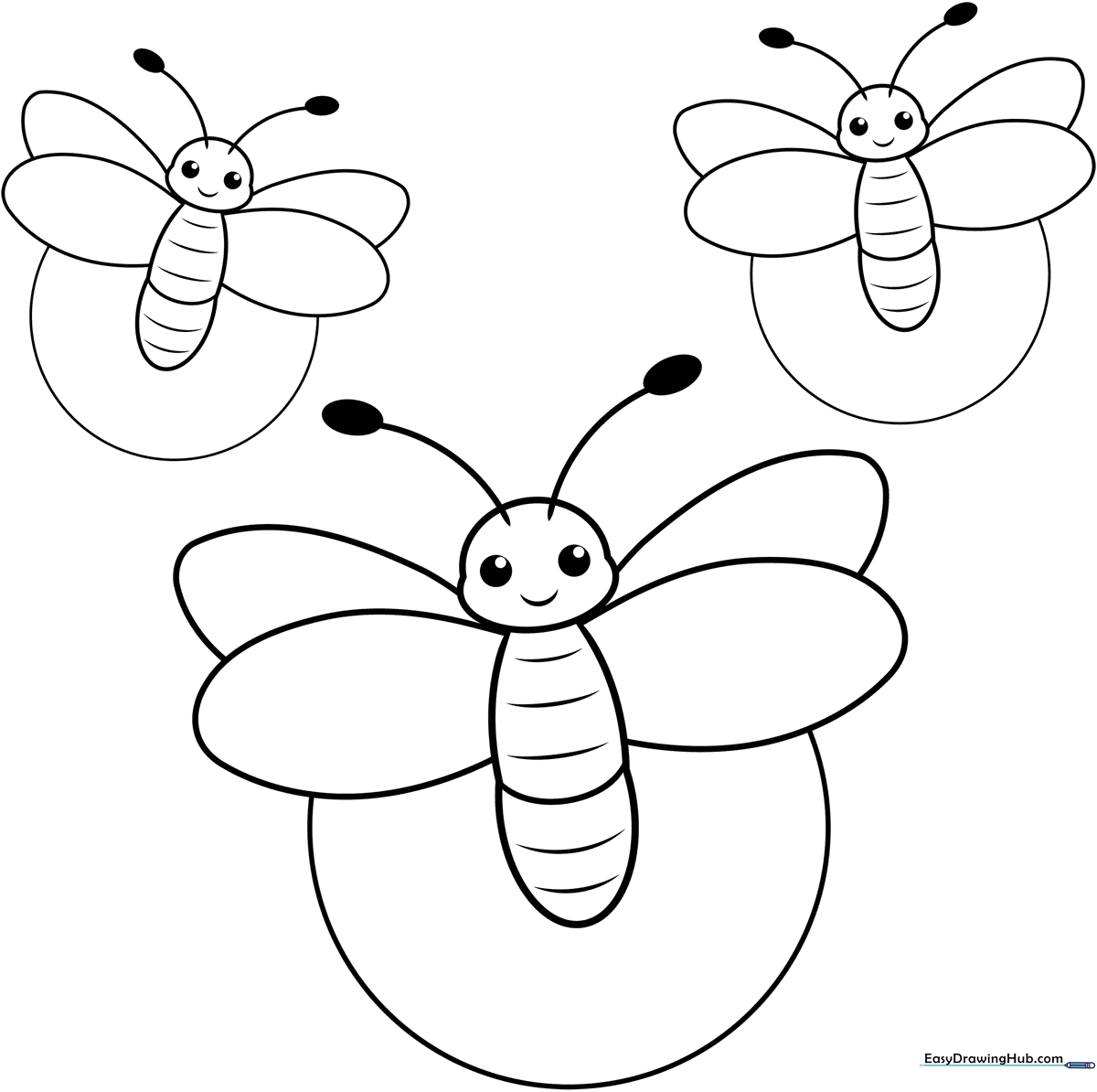 A friendly cartoon firefly with large eyes and a glowing tail, featuring bold outlines for easy coloring by young children.