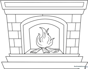 Black and white line art of a home fireplace with logs and flames, designed for children to color.