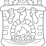 Black and white line art of a brick fireplace with three hanging Christmas stockings, ready for children to color with holiday patterns.