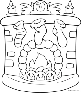 Black and white line art of a brick fireplace with three hanging Christmas stockings, ready for children to color with holiday patterns.