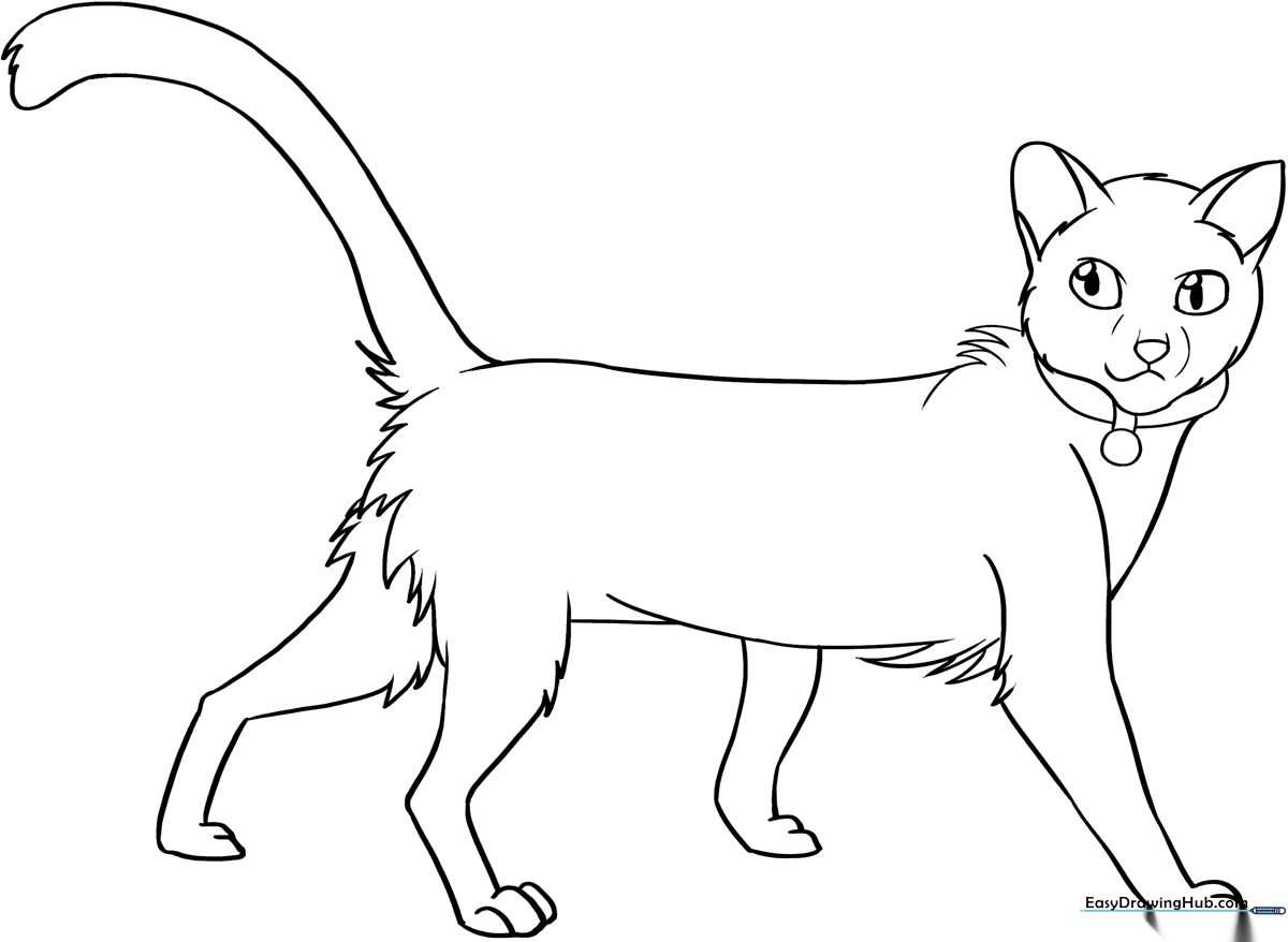 Black and white line art of Firestar from Warrior Cats, featuring a heroic cat standing in a ready pose with clear outlines for easy coloring.