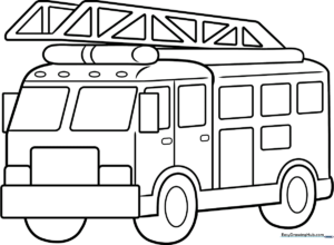 A clean, bold-lined illustration of a fire truck with a ladder and hose, designed as a printable coloring activity for young children.