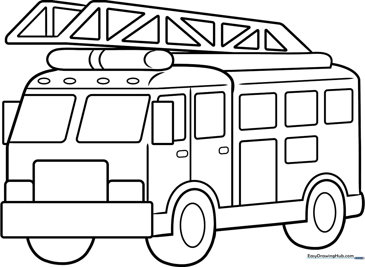 A clean, bold-lined illustration of a fire truck with a ladder and hose, designed as a printable coloring activity for young children.