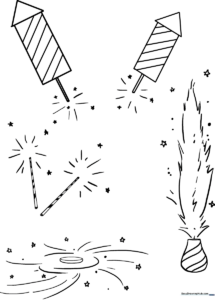 Black and white line art of multiple starburst fireworks designs, featuring varied line weights and geometric shapes for children to color.