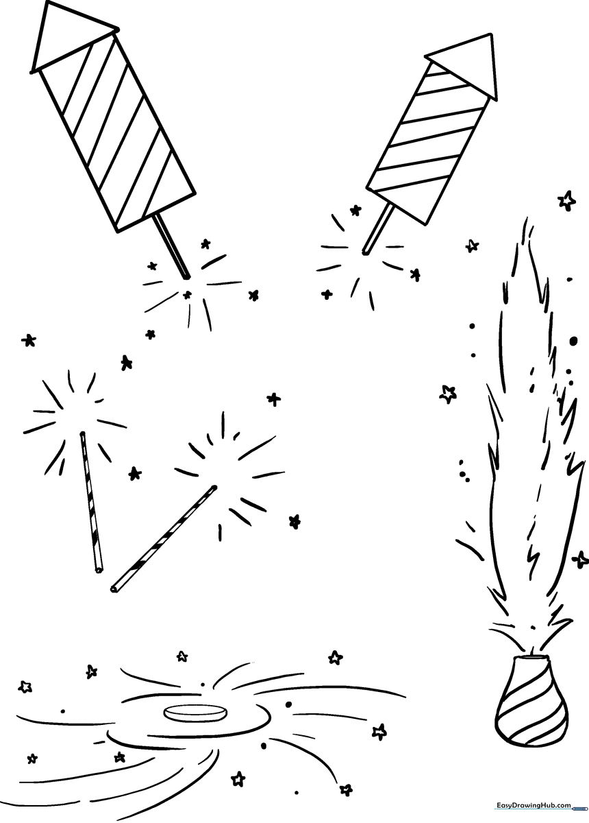Black and white line art of multiple starburst fireworks designs, featuring varied line weights and geometric shapes for children to color.