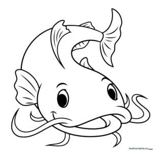 Printable catfish coloring sheet with long whiskers and curved body lines