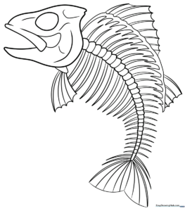 Black and white line art of a fish skeleton featuring a clear skull, long spine, and symmetrical rib bones, ready for coloring.