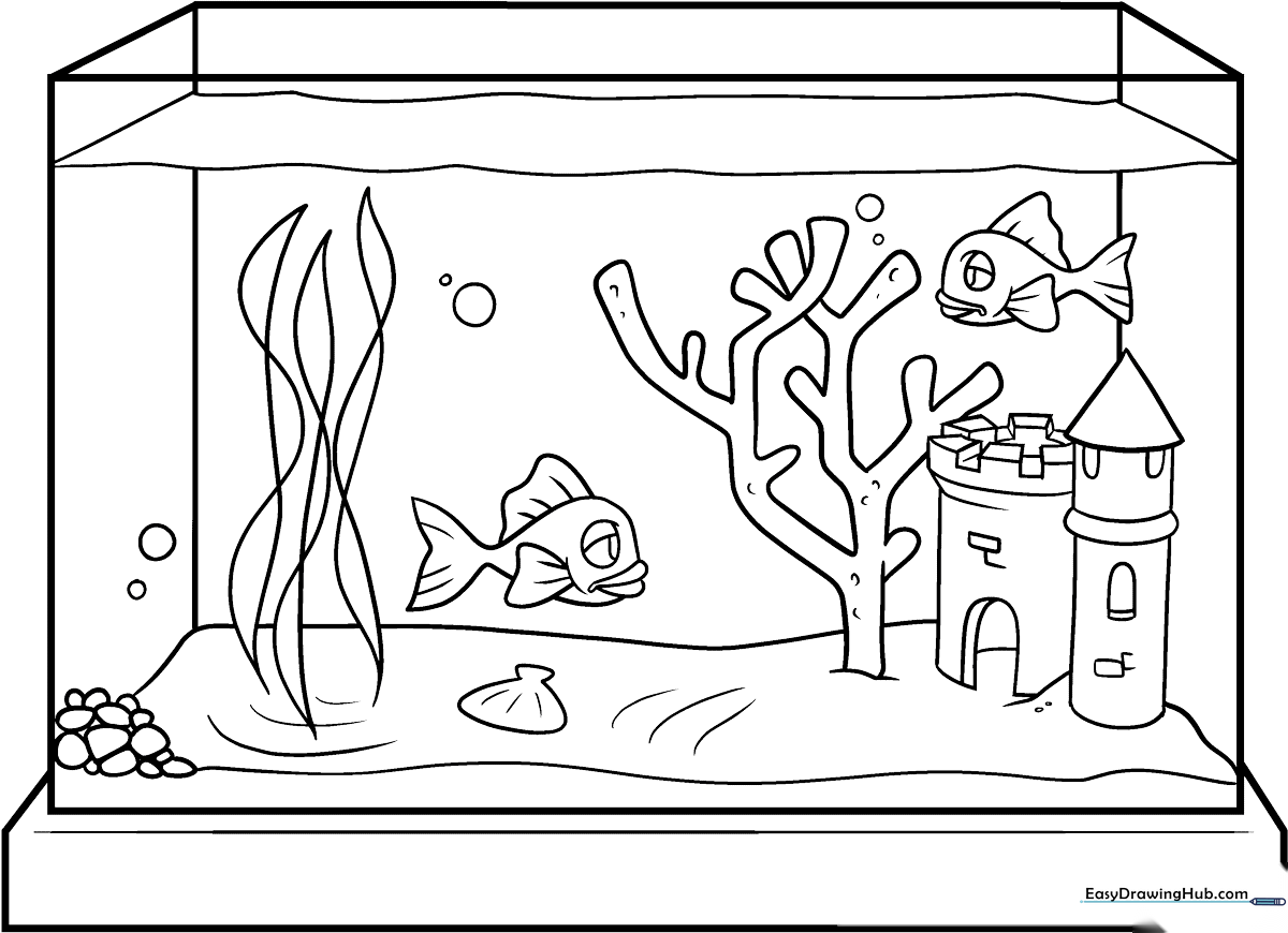 Black and white line art of a fish tank with swimming fish and aquatic plants, ready for children to color.