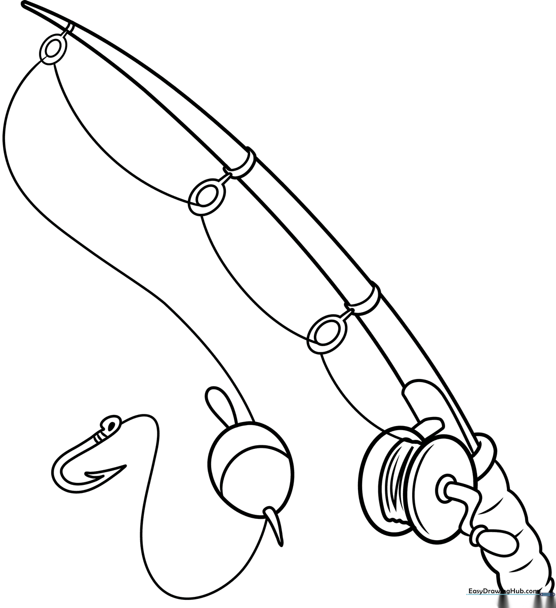 Black and white line art of a classic fishing rod with a spinning reel, designed for children to color.