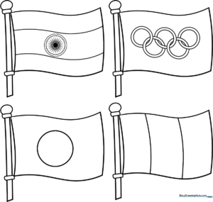A clean, bold line-art illustration of a flag waving on a pole, designed for children to color with markers or crayons.