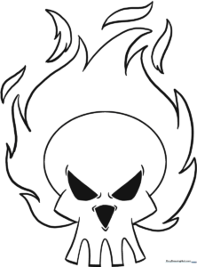 Detailed line art of a skull surrounded by stylized flame patterns, designed for children to color with markers or pencils.