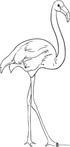A clean, black-and-white line art drawing of a flamingo standing on one leg, featuring bold outlines perfect for young children to color.