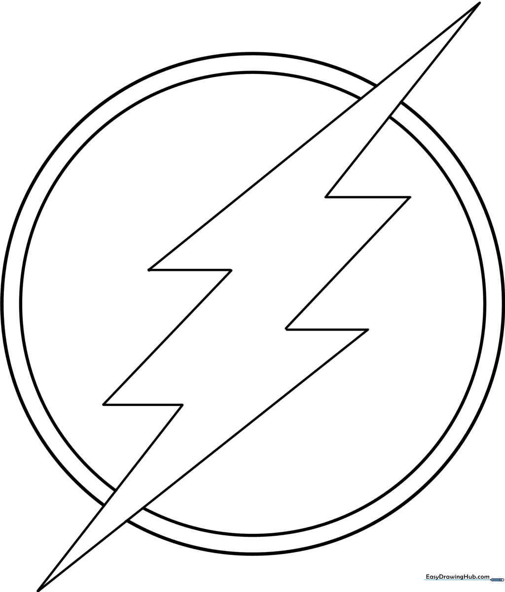 Bold black and white outline of the Flash lightning bolt emblem, designed for children to color with markers or crayons.