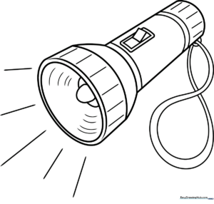 Black and white line art of a handheld flashlight with a thick handle and a wide lens, designed for children to color.