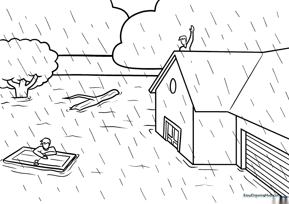 Black and white line art of a flood scene with swirling water patterns, designed for children to practice coloring textures and gradients.